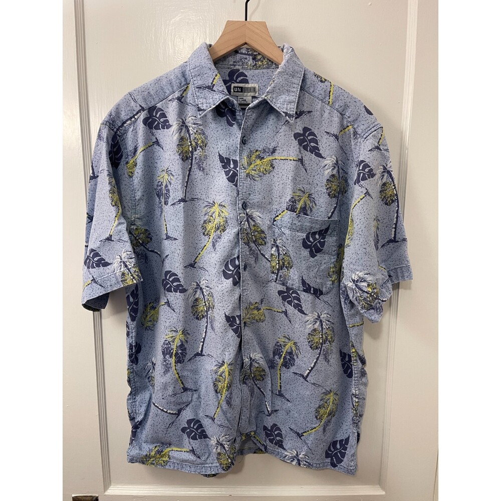 UN TIED Vintage Mens Large Hawaiian Shirt Blue Palm Tree Tropical Cotton